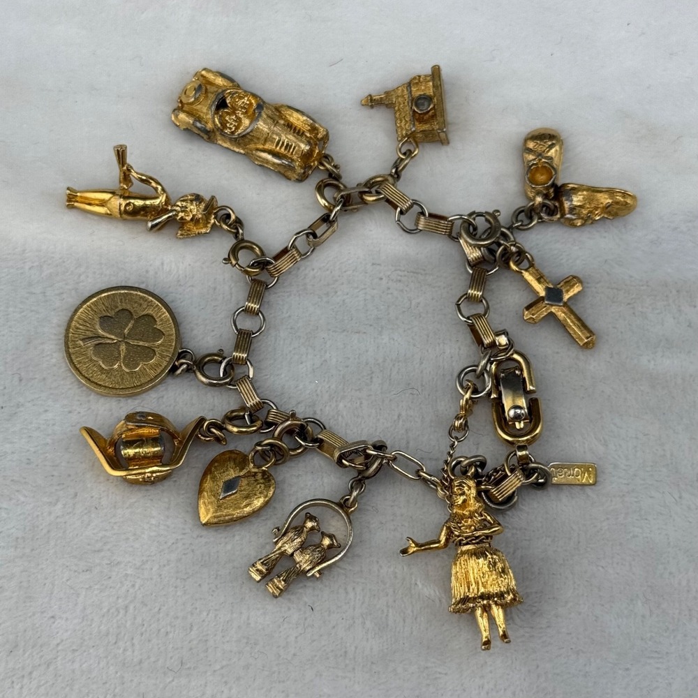 Vintage Monet Charm Bracelet Gold Tone Doll Cross Baby Shoes Birds Heart Luck 7"